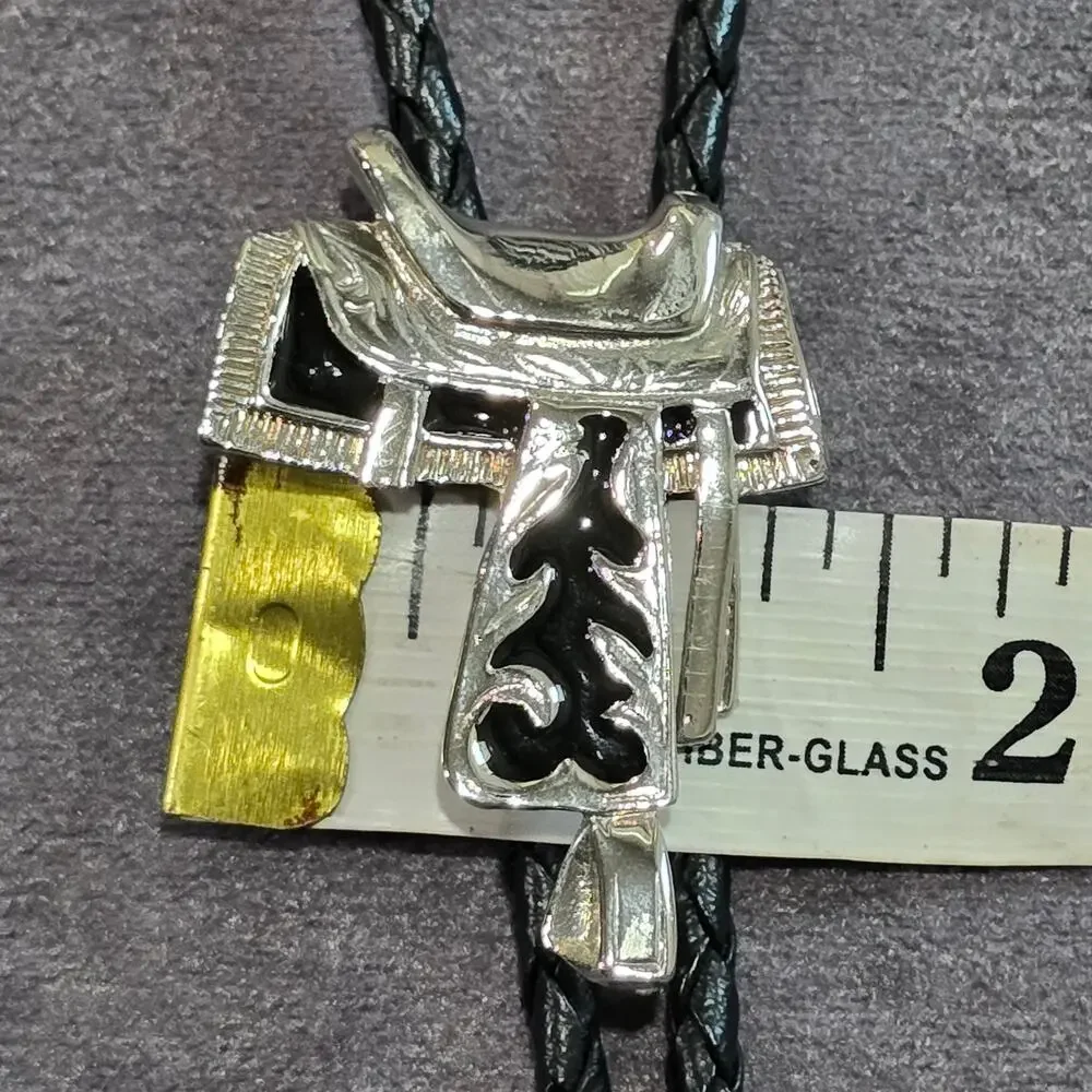 Old Country Western Silver & Black Saddle Leather Bolo Neck Tie Made In USA